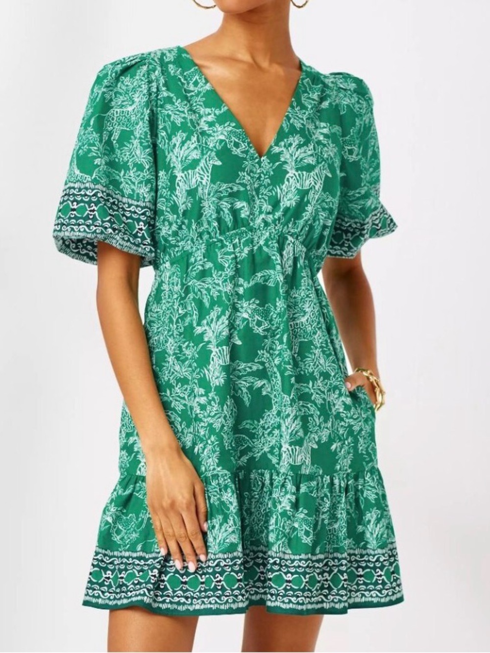 Lilly Pulitzer Kentlee Puff Sleeve Dress Fiddle Leaf Green Safari